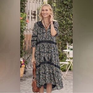 Sundance Black Isadora Blooms Tiered Floral Midi Dress with Lace Insets